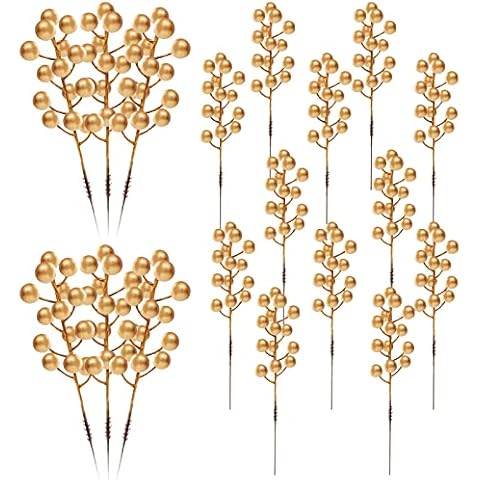 Tmflexe 20Pcs Gold Berries Stems Christmas Artificial Pine Picks Artificial Plants Small Pine Picks for Christmas Flower Arrangements Wreaths and Festival Holiday Home Decor, Christmas Decorations Cover