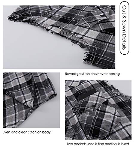 Mens Casual Flannel Plaid Snap Shirt Sleeveless With Pocket (Blkwt,L) Blackwhite #TOP2