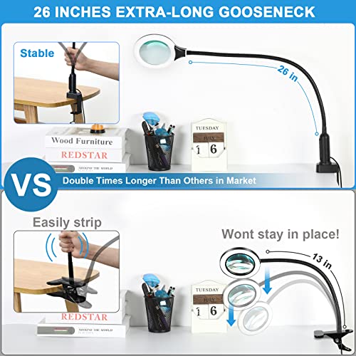 Tomsoo 26" Gooseneck Magnifying Lamp With Clamp, 5 Color Modes Stepless Dimmable Led Desk Light With Magnifying Glass, 5X Real Glass Lighted Magnifier Hands Free For Painting Close Work Craft Hobby #TOP1