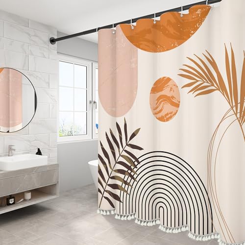 GiuMsi Boho Mid Century Leaf Shower Curtain Set,Arch Sun Design,Minimalistic Leaves Pattern,Waterproof and Luxurious Fabric-12 Hooks(Orange-72" x 96")