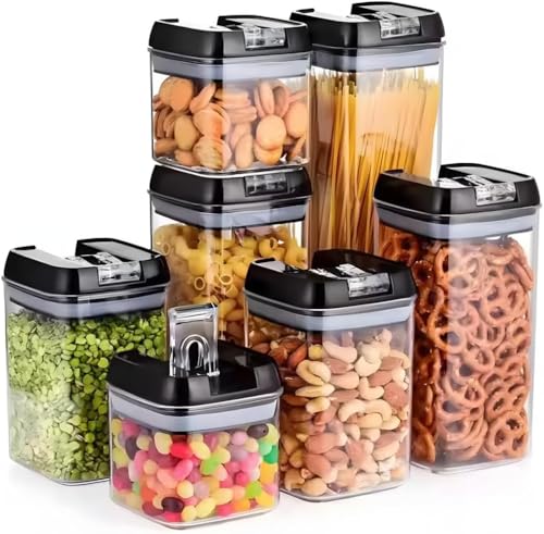 kit 7 Potes Herméticos para Cozinha, Tampa Preta com Alavanca Bra...