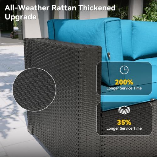 Aoxun Patio Furniture Set with Fire Pit Table, 8 Piece Outdoor Sectional Sofas, Wicker Rattan Outdoor Furniture with Thickened Cushion for Backyard, Garden Peacock Blue - 5