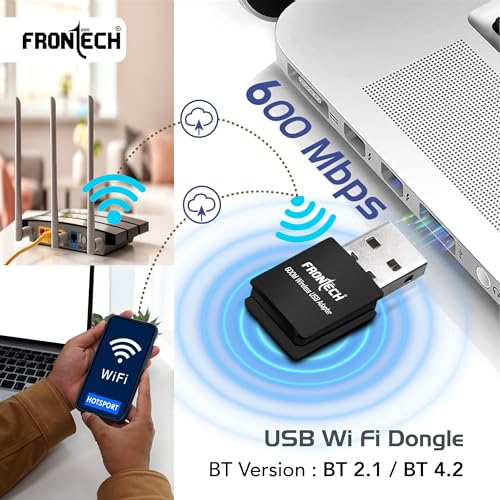 Image of FRONTECH 600 Mbps USB Wi-Fi + Bluetooth Adapter | PC, Laptop | Dual Band (2.4GHz) | BT 4.2 /2.1 | USB 2.0 | Compatible with Windows 7 /8 /10 /11 /XP | WEP,WPA-PSK,WPA2-PSK Security | 10-20M Range (FT-0844)