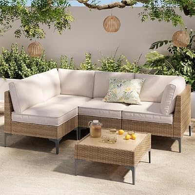 SunloungeCo 5-Piece Patio Furniture Set, Outdoor Wicker Sectional Sofa with Coffee Table, Anti-Slip & Thick All-Weather Cushions for Party, Garden, Backyard, Beige