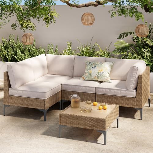 SunloungeCo 5-Piece Patio Furniture Set, Outdoor Wicker Sectional Sofa with Coffee Table, Anti-Slip & Thick All-Weather Cushions for Sunroom,Garden,Backyard, Beige