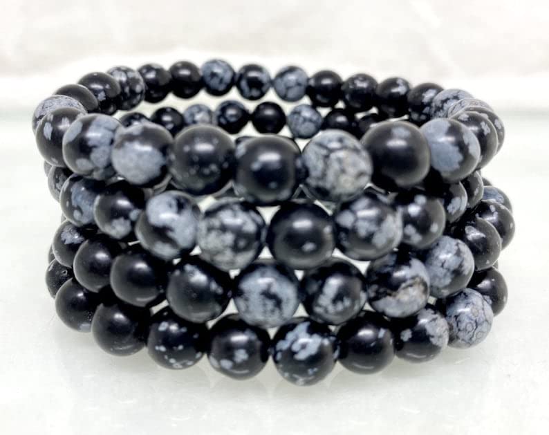 Bracelet obsidienne flocon de neige, idée cadeau Saint-Valentin