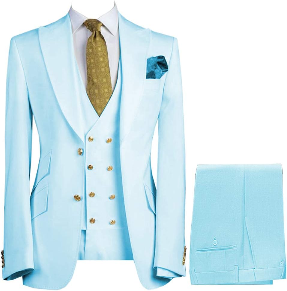 Men's Suits Slim Fit Wedding Groom Tuxedos 3 Pieces with Gold Buttons Formal Suit Peak Lapel