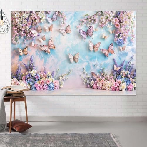 Fondo Fotográfico de Mariposa Morada con Flores 5x3 ft miniatura 3