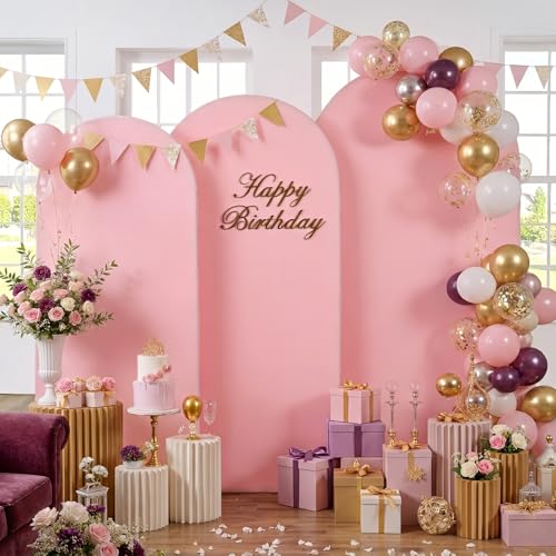 Image of Baby Pink Arch Backdrop Cover Set of 3 (7.2ft, 6.6ft, 6ft), Double-Sided Spandex Chiara Arch Frame Covers, Wrinkle-Free Fabric for Girl Baby Shower Princess Birthday Party (No Stand)