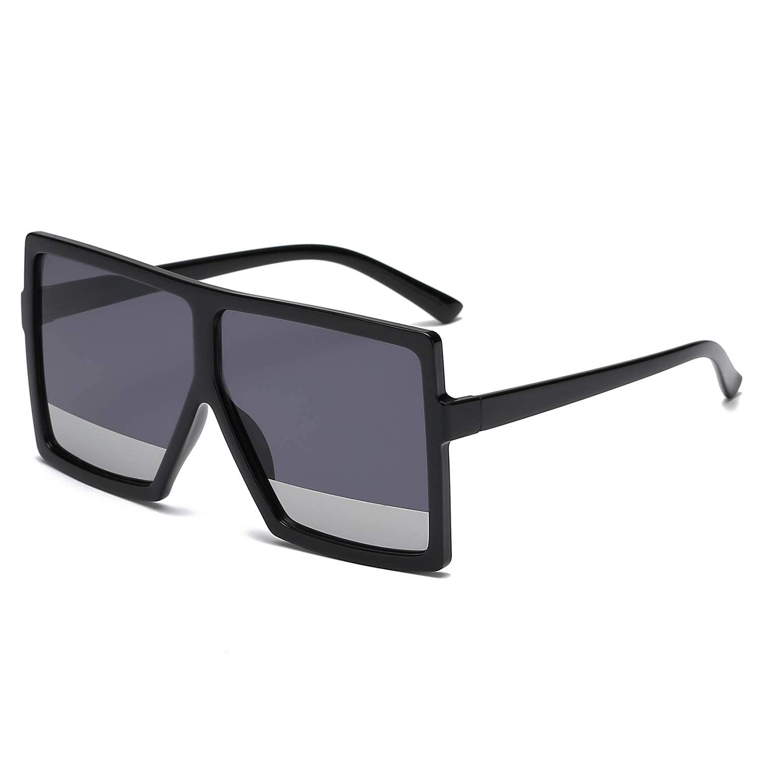 GRFISIA Square Oversized Sunglasses for Women Men Flat Top Fashion Shades (Black Frame- Black Silver Lens, 2.56)