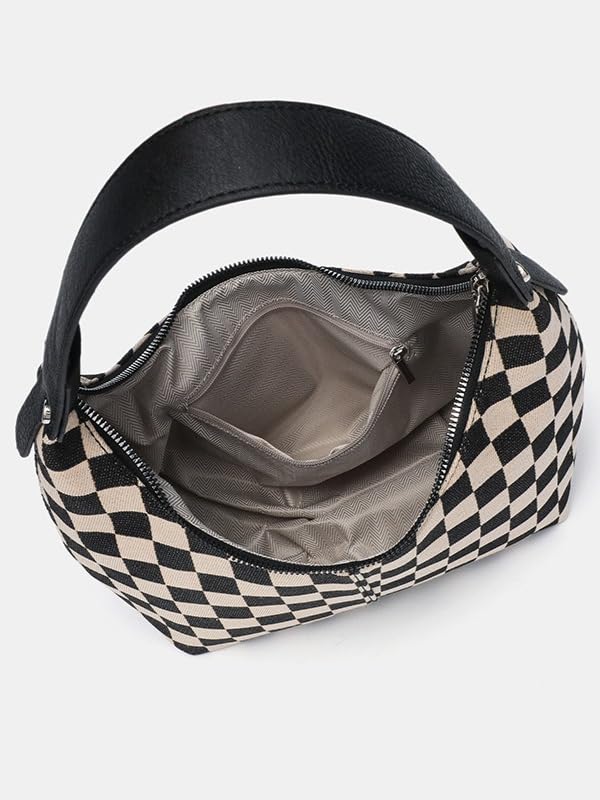Black and White Checkered Bag PU Leather Hobo Handbag Checkered Purse Crescent Bag 20253