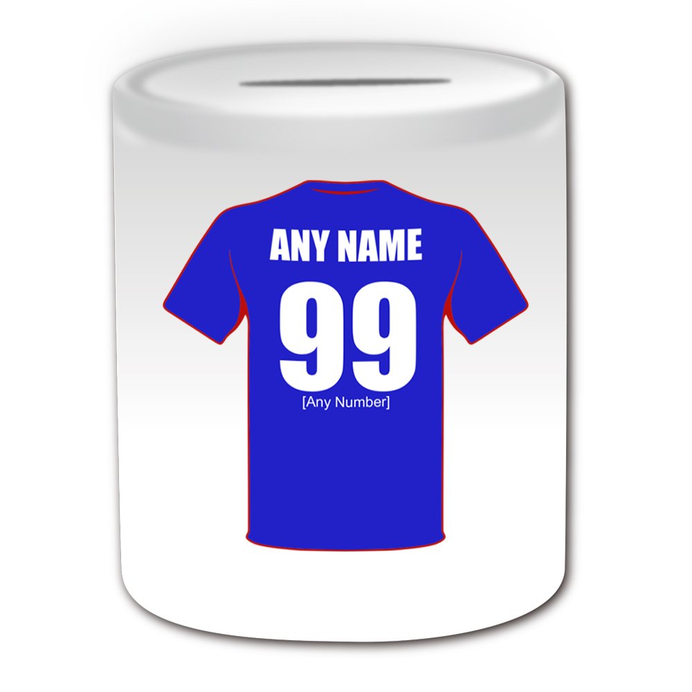 Personalised Gift - Rangers Money Box (Football Design Theme, White) - Any Name/Message on Your Unique - The Teddy Bears Light Blues Club - Piggy Bank Saving Jar Pot