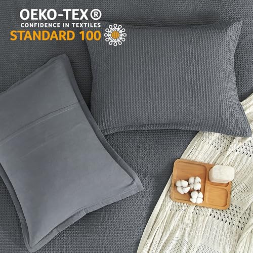 SE SOFTEXLY Waffle Duvet Cover King, 100% Cotton Waffle Weave Bedding Duvet Cover Set, Soft and Breathable Comforter Cover for All Season, 3 Pieces Including Pillow Shams(Dark Grey, 104”x90”)