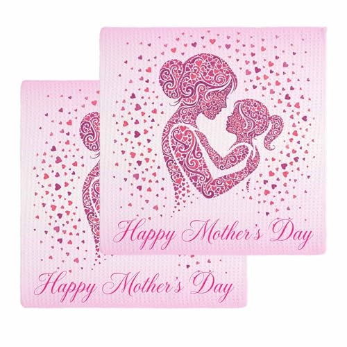 Hokiten Mother's Day Waffle Kitchen Towels Dishcloths, Pink Mom and Daughter Hug Silhouette Love Absorbent Dish Towels Hand Towels for Bathroom/Bar, 12 x 12 Inch, 2 Pcs