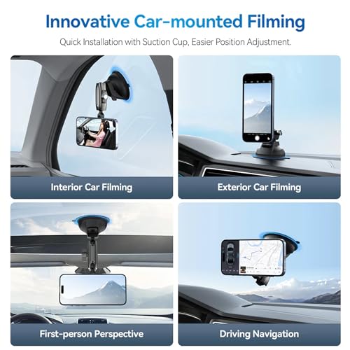Image of TELESIN Magnetic Car Phone Holder with Suction Cup | 360 Adjustable Dashboard & Windshield Mount | Aluminum Phone Stand Compatible with MagSafe iPhones & Android Smartphones