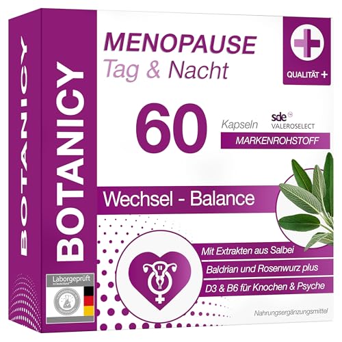 Botanicy MENOPAUSE TAG & NACHT - Gegen Wechseljahre Symptome - Doppel Komplex Morgen & Abend mit Salbei & Baldrian - Pflanzenextrakte & Vitamine - Natürlich Hormonfrei Vegan - 60 Menopause Kapseln