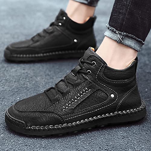 2022 New Large Size Border Handmade Retro Stitched Leather Comfortable Casual Shoes Tan Mens Casual Shoes (Black, 11.5)3