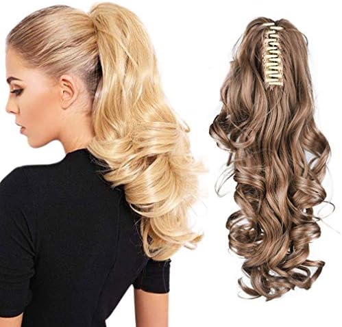 SEIKEA Claw Clip in Ponytail Extension Long Curly Wavy Pony Tail Hair Extensions For Women 16" -Light Brown/Ash Blonde and Pale Natural Gold-Blonde Blend