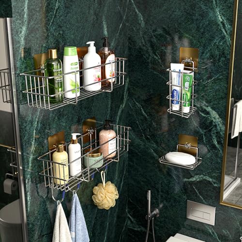 Image of SS304 Stainless Steel 4 Pcs Bathroom Organiser Without Drill | Self Adhesive No Drill Kitchen Bathroom Accessories Rustproof Waterproof | 4 Pcs Set: Wall Shelf, Soap Holder, Toothbrush Stand
