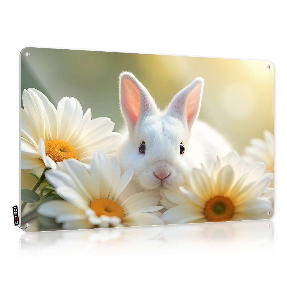Neon Tin Metal Sign Housewarming Gift | A White Rabbit Surrounded By Daisies. Indie Mancave Decoration(30X40CM)
