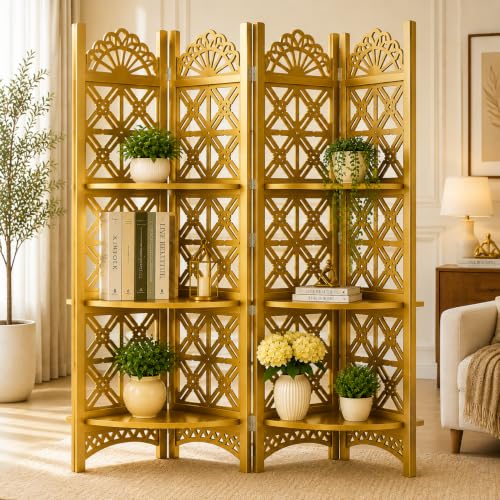 Image of Wooden Partition Divider for Living Room, Partition Wall, Privacy Divider, Freestanding Folding Panels (6 feet 5 Panel with Shelf) (6 Feet 4 Panel with 3 Shelf Golden)