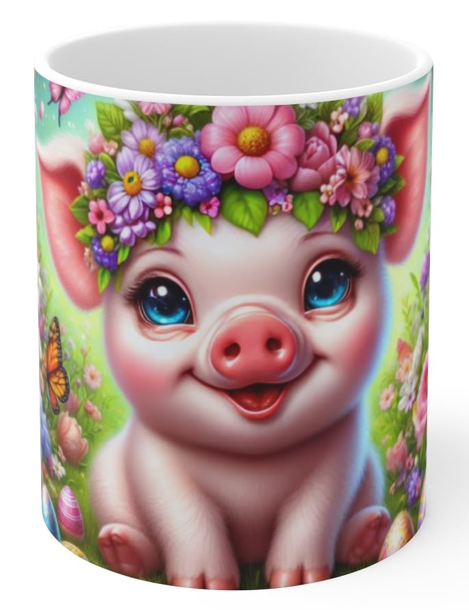 Jm-Déco Mug Cochon Mignon – Tasse en céramique avec motif fleur et printemps – Cadeau original pour femme, enfant, amoureux des animaux – 330 ml –...
