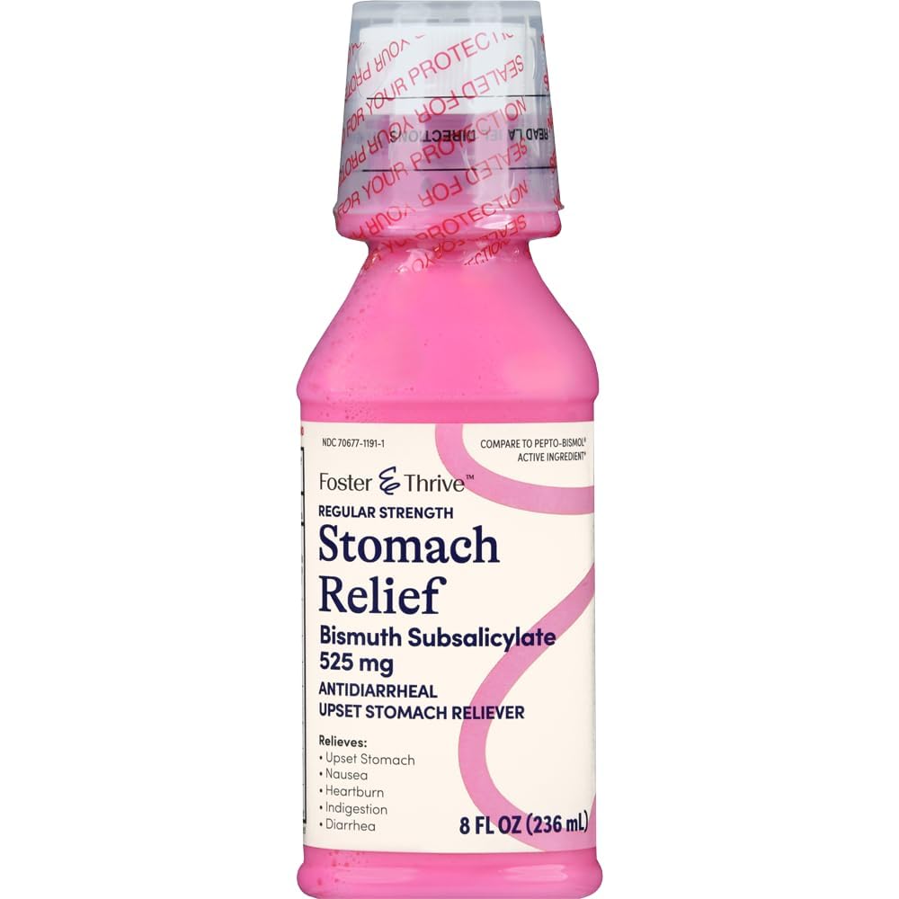 Stomach Relief Liquid for Nausea, Heartburn, Indigestion, Upset Stomach, and Diarrhea - Fast Relief for 5 Symptoms, Antidiarrheal, Bismuth Subsalicylate 525 mg, Original, 8 Oz
