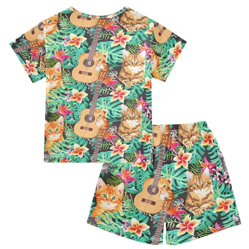 ALAZA Colorful Hawaiian Cat Kitten Guitar Pajamas Short Sleeve 2 Piece Sleepwear Top and Bottom Pajama Set Unisex2