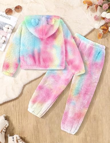 Image of Shallmu Girls Fuzzy Bear Ear Plaid Hoodie Pullover Sweatshirt with Pocket Sweatpants Fall Winter 2 Piece Outfits
