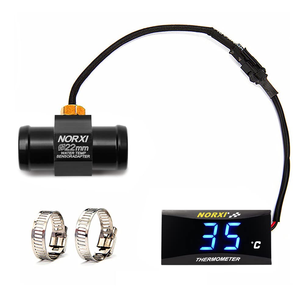 NORXI Motorcycle Water Temperature Meter Universal Digital Water Thermometer Water Temp Gauge for Racing Scooter LED Display DC 12V with Temperature Sensor Adapter(22mm, Blue)