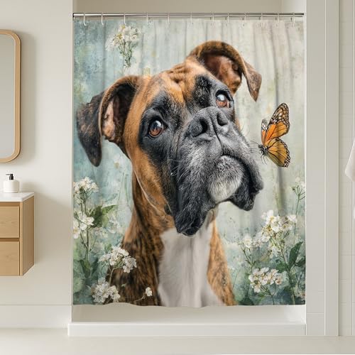 Boxer Dog Shower Curtain, Vibrant Brown Floral Bathroom Decor, Spring