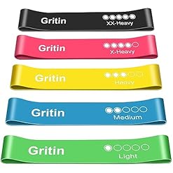 Gritin Fitnessbänder Widerstandsbänder mit 5 Stufen, Latex Fitnessband Resistance mit Deutscher Übungsanleitung & Tragebeutel, Gymnastikband für Muskelaufbau, Yoga – 5er Set