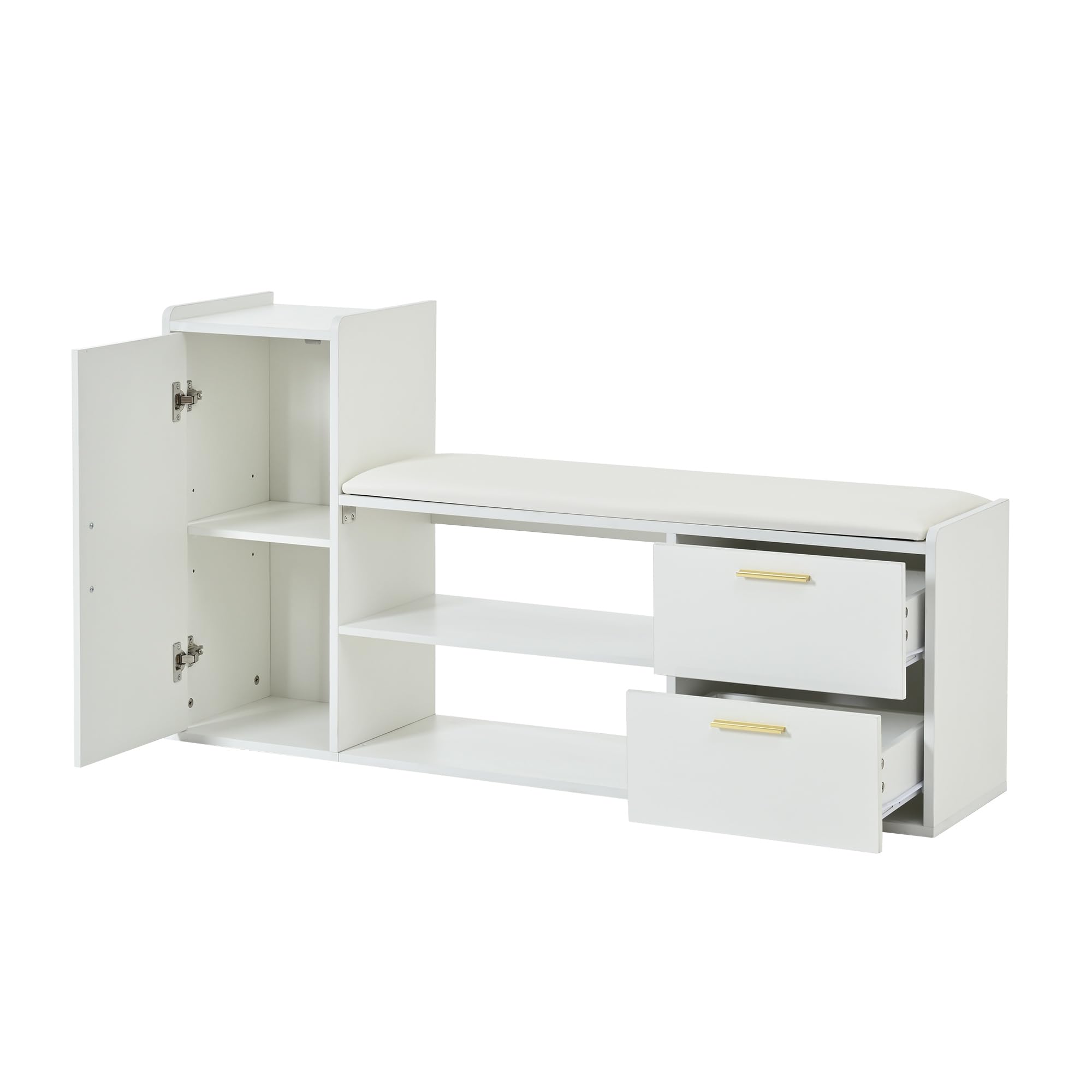 128 x 30 x 68 cm, zapatero con 2 cajones, 1 armario, bancos con acolchado y espacio de almacenamiento, adecuado para salón, pasillo, oficina, color blanco