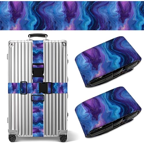 Image of 2 Pack Luggage Straps for Suitcases, Adjustable Travel Belt with Buckle, 2 inch Wide Heavy Duty Suitcase Straps for Summer Vacations, Purple Blue Marble Nebula Pattern, Travel Essentials, Multi