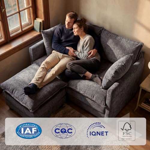 Image of KYJ Loveseat Sofa with Ottoman, Cloud 3 Layer Cushion Love Seat Couch | 50 inch Chenille Small Sofa, 27 inch Deep Seat, 2 Washable Pillow, in a Box for Bedroom & Living room, Singles, Couple & Kid, Grey