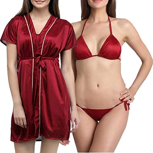 You Forever Women Nightwear Sleepwear Lounge wear Soft Satin Robe Nightgown Short gown with Belt and Elegant Bikini Lingerie Set