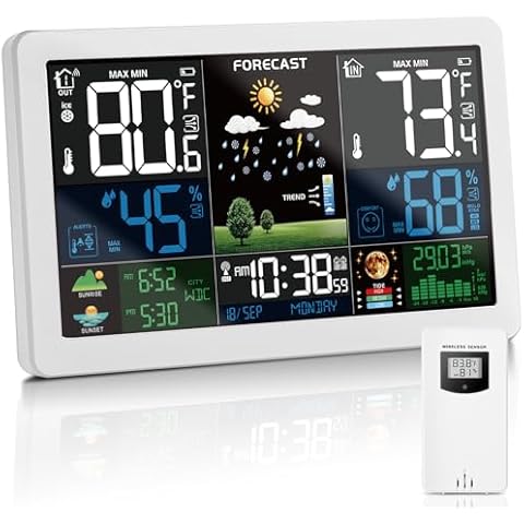 KALEVOL Weather Station Wireless Indoor Outdoor Thermometer with Color Display Atomic Clock, Weather Thermometer Forecast Station with Sunrise Sunset Time and Tide Level, White Cover