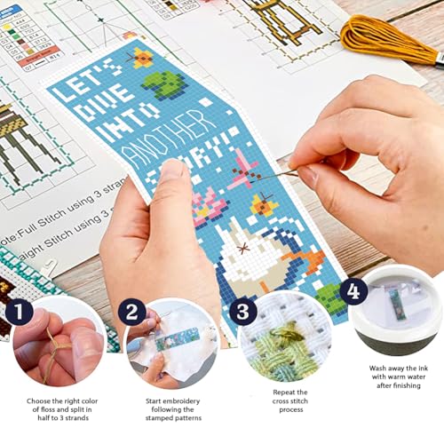 Image of FREEBLOSS 6 Set Cross Stitch Bookmark Kit 11CT Cartoon Duck Stamped Embroidery Bookmark Kit with Instructions 6 Back Felt Bookmarks Making Set for Adults Book Lovers, 8 inchx2.4 inch