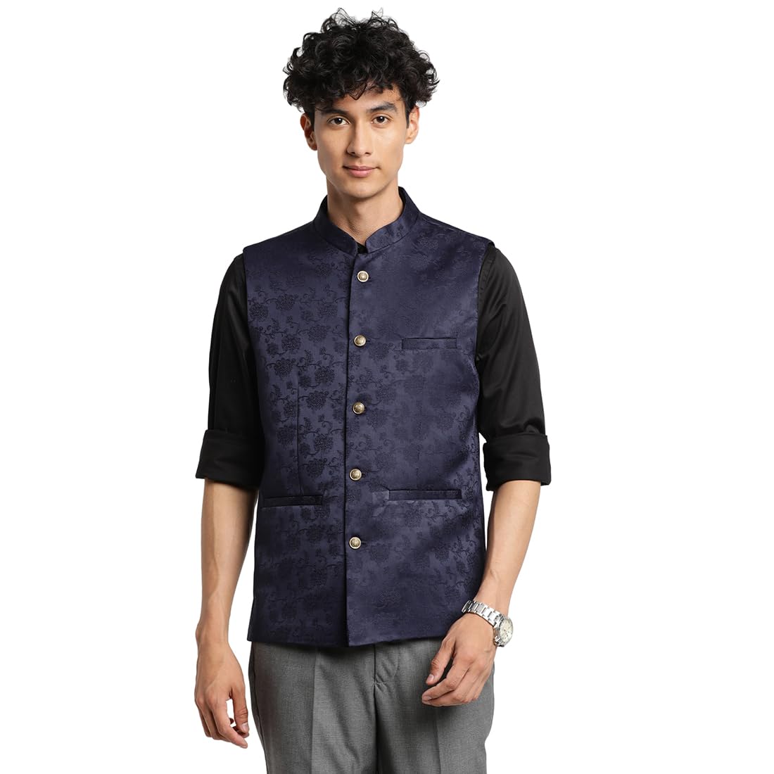 turtle Men Poly Viscose Blue Jacquard Party Nehru Jacket-picture-41
