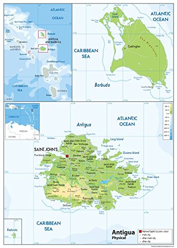 Physical Map of Antigua - Size A2-59.4 x 42cm - Paper Laminated