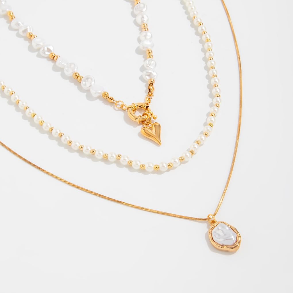 Layered Gold Pearls Beaded Heart Choker Necklaces for Women,Vintage Stackable Baroque Pearl Love Pendant Necklace,Charm Party Jewelry Accessories Gift - Image 6