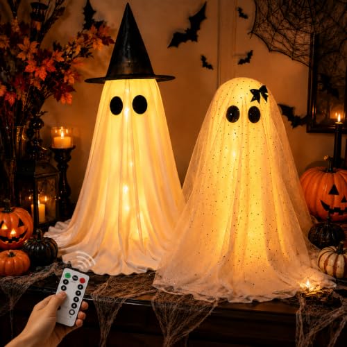 Twinkling Ghost Halloween Decor, 2 Pack Witch Hat and Bow Ghost Couple - image 1