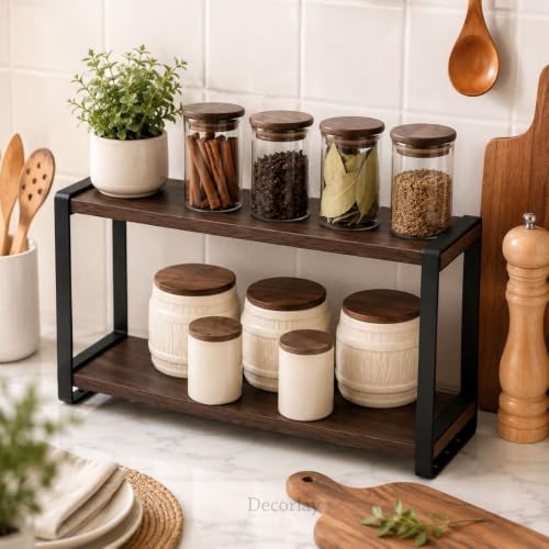 Image of Decorlay Metal & Wooden Spice Rack Organizer Space Saver Counter-top Storage for Kitchen, Bathroom, Office, and Cosmetics (Brown + Black, Two - Tier)