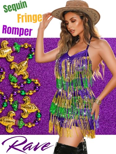 Image of Kaei&Shi Sequin Fringe Romper,Sparkly Glitter Metallic Jumpsuits For Women,Backless Shorts Dress Disco Birthday Dance Outfit