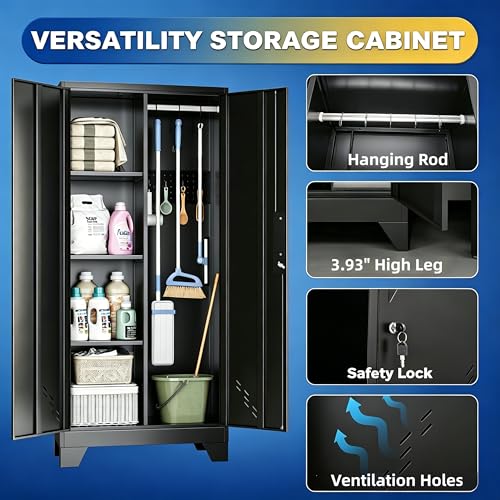 Image of Broom Closet Storage Cabinet, 61 inch H Metal Storage Cabinet with Locking Doors and Pegboard, Utility Closet for Garage, Laundry Room, Living Room, Home Office