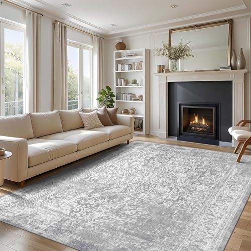 vivorug 3x5 Neutral Area Rugs, Stain Resistant Washable Rug for Living Room, Vintage-Inspired (Ivory/Silver, 3'x5')