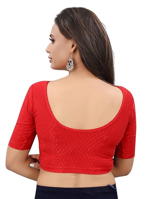 Image of Round Neck Dobby Cotton Lycra Stretchable Elbow Sleeve Readymade Saree Blouse for Women Stylish