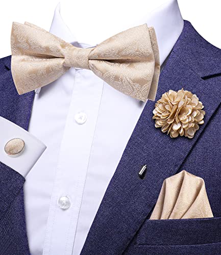 Image of Hi-Tie Bow Ties for Men Pre-Tied Pocket Square with Cufflinks Mens Bowtie Sets for Wedding Formal Party