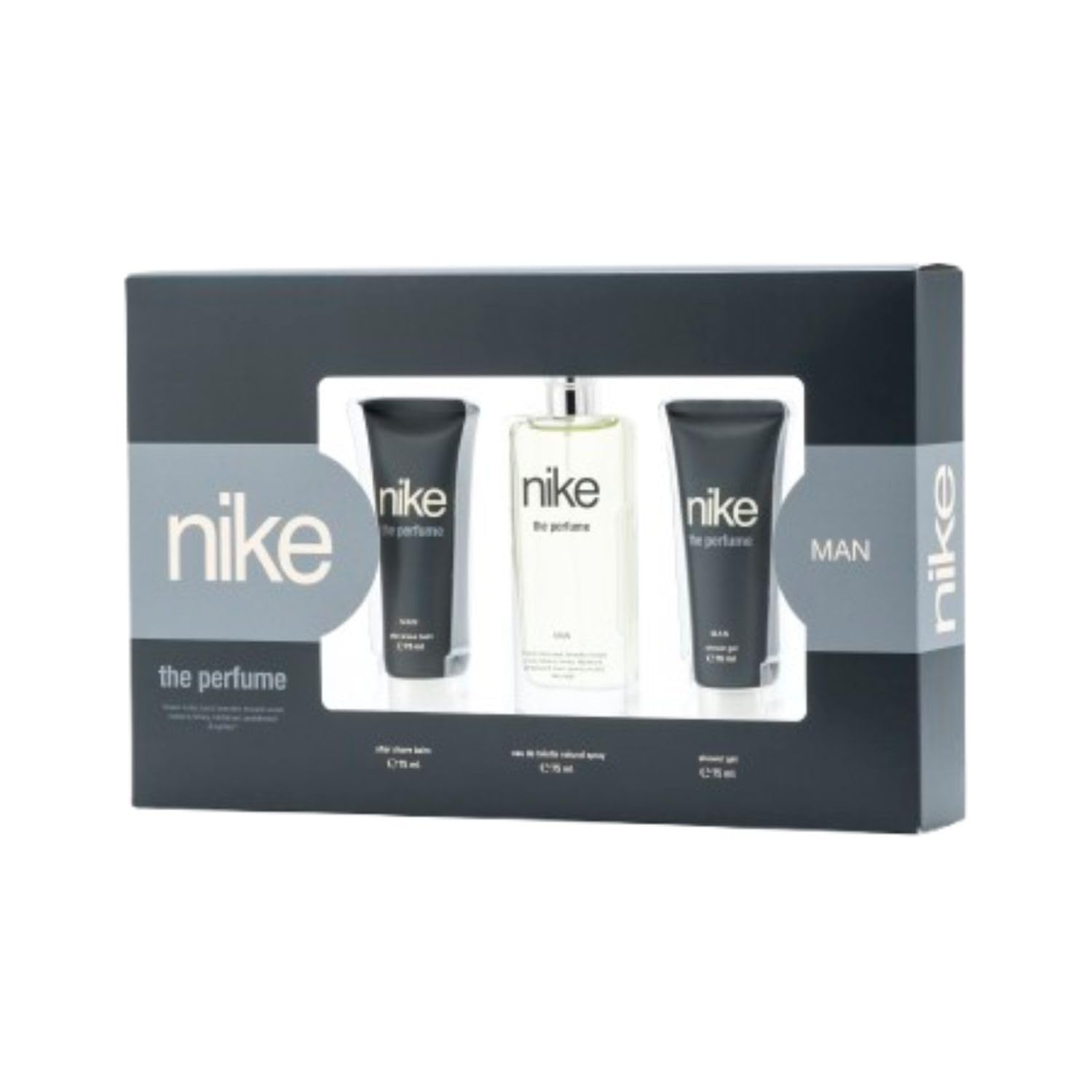 NIKE - The Perfume Man Colonia 75 ml + After Shave + Gel de Baño, Estuche de Regalo Hombre, Eau de Toilette Natural y Masculino, Aromática Amaderada, Fragancia Intensa, Juvenil y Duradera