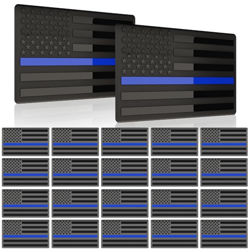 Image of 20 Pack Embossed 3D Metal Thin Blue Line All Black American Flag Emblem Decal Stickers, Matte Black 5 inch x 3 inch Patriotic USA US Flag Decals for Car, Truck, Motorcycle Honoring Police Law Enforcement